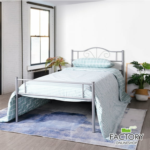 Geniqua Twin Size Bed Frame Steel Silver Foundation Vintage Headboard Footboard Foundation Tool Free No Box Spring Needed
