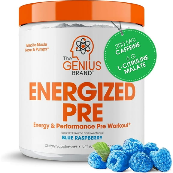 Genius Energized Pre Workout Powder Caffeine Infused Pre-Workout Booster Supplement with Beta Alanine & Alpha GPC, No Artificial Sweeteners or Dyes - 200mg Caffeine, 20 Servings, Blue Raspberry