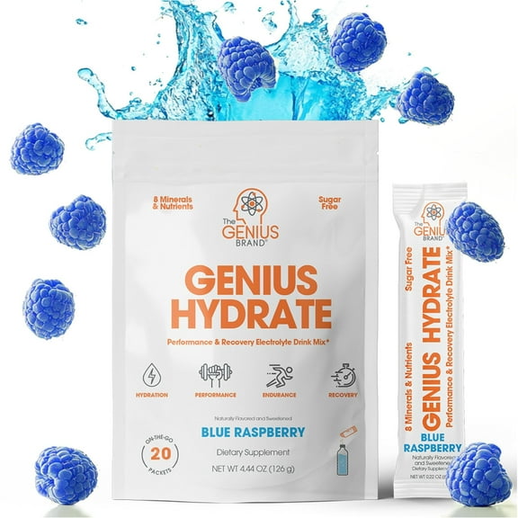 The Genius Brand - Genius Hydrate Stick Pack Powder Drink Mix Blue Raspberry Flavor, Natural Electrolyte Booster with Coconut Water & Potassium for Ultimate Hydration - 20 Packets