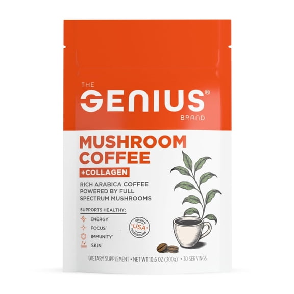 The Genius Brand Organic Mushroom Coffee + Collagen - Daily Energy Support - Healthy Immune Function - Arabica Coffee with Cordyceps, Reishi & Lion's Mane Mushroom Blend - 10.6 oz (30 Servings)