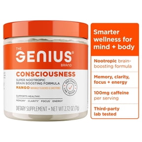 Genius Consciousness, Super Nootropic Brain Supplement Powder, Mango - Boost Focus, Cognitive Function, Concentration & Memory Booster - Alpha GPC & Lions Mane Mushroom for Neuro Energy & IQ