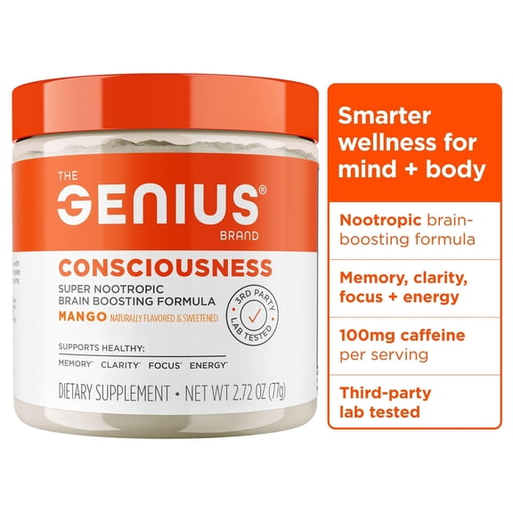 Genius Consciousness, Super Nootropic Brain Supplement Powder, Mango - Boost Focus, Cognitive Function, Concentration & Memory Booster - Alpha GPC & Lions Mane Mushroom for Neuro Energy & IQ