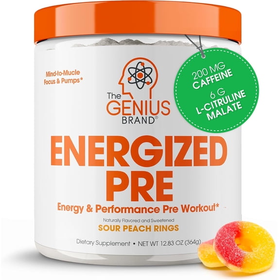 Genius Energized Pre Workout Powder Caffeine Infused Pre-Workout Booster Supplement with Beta Alanine & Alpha GPC, No Artificial Sweeteners or Dyes - 200mg Caffeine, 20 Servings, Sour Peach Rings
