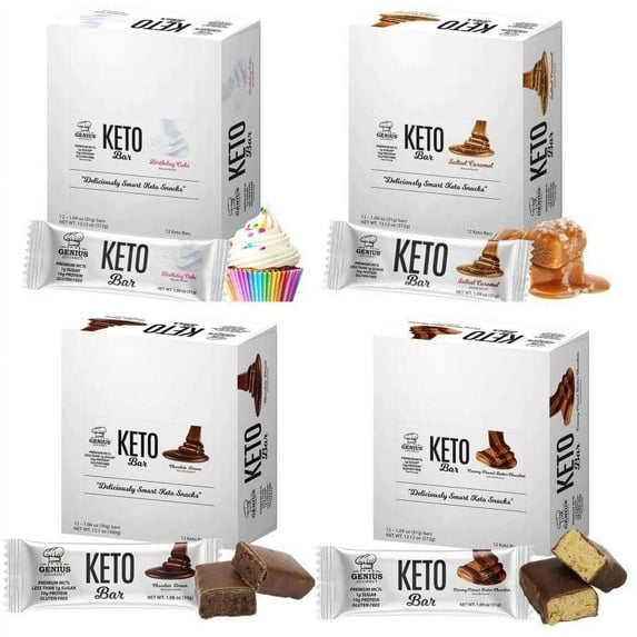 Genius Gourmet Keto Protein & Snack Bars - 4-Flavor Variety Pack Size: 12-Pack (48 Bars)