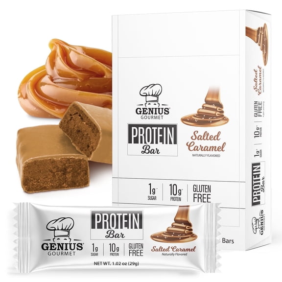 Genius Gourmet Protein Bars - Salted Caramel, Low Carb, Low Sugar, Gluten Free (10 Protein Bars)