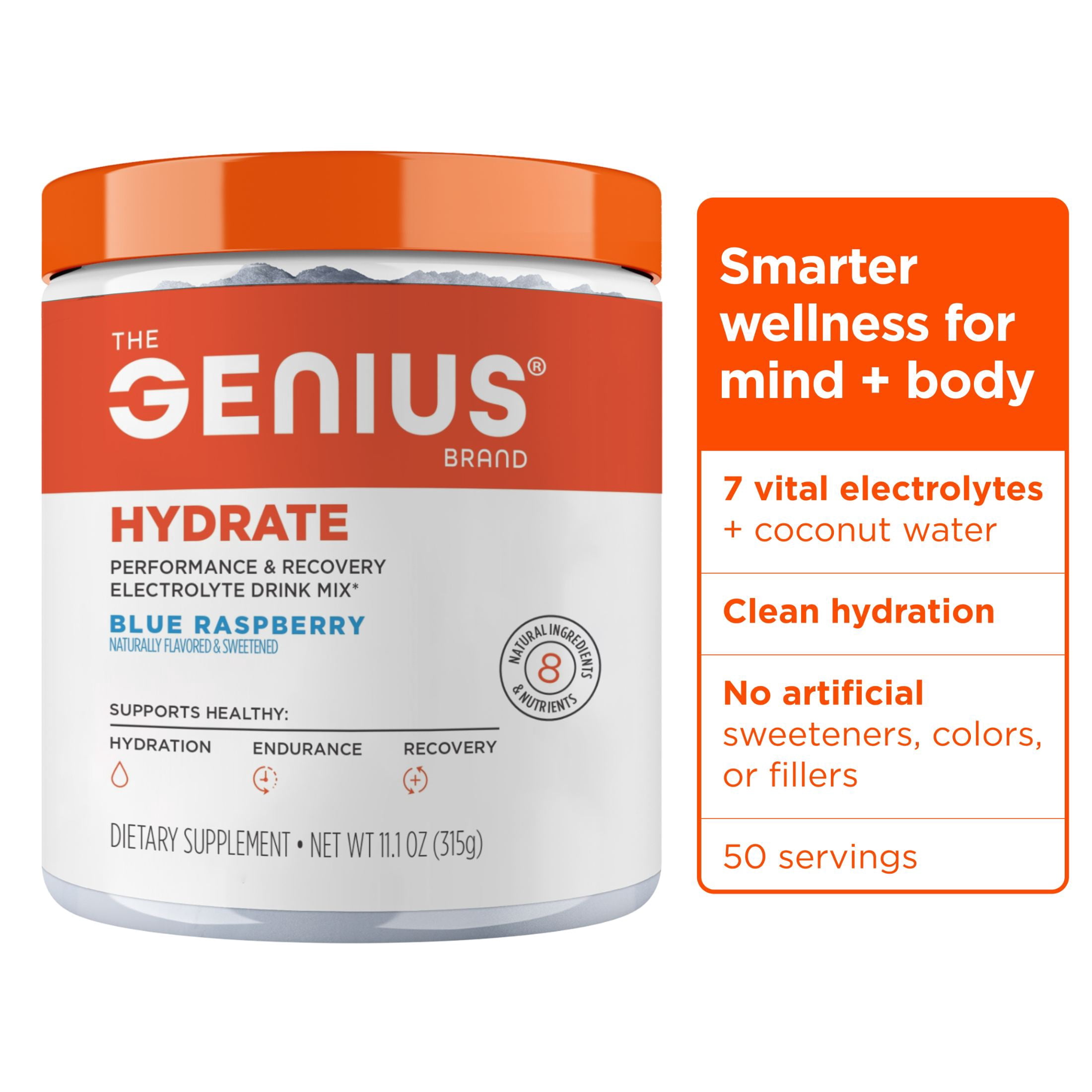 The Genius Brand Genius Hydrate - Electrolyte Supplement for Daily Hydration - Coconut Water - Sugar-Free - 8 Essential Minerals & Nutrients - Non-GMO - Blue Raspberry - 50 Servings