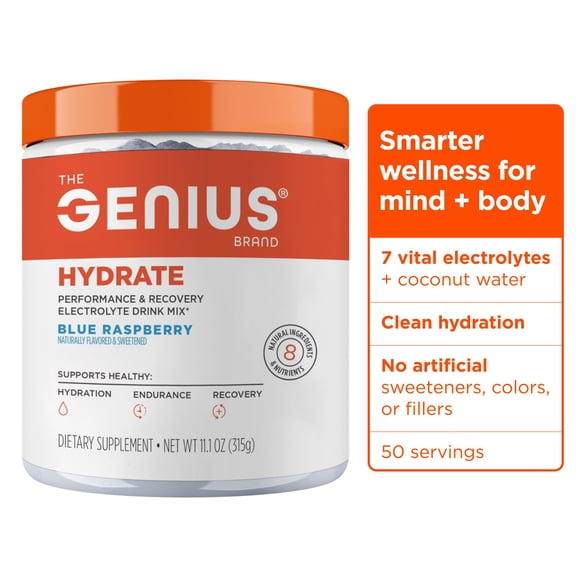 The Genius Brand Genius Hydrate - Electrolyte Supplement for Daily Hydration - Coconut Water - Sugar-Free - 8 Essential Minerals & Nutrients - Non-GMO - Blue Raspberry - 50 Servings