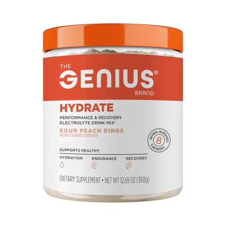 The Genius Brand Genius Hydrate - Electrolyte Supplement for Daily Hydration - Coconut Water - Sugar-Free - 8 Essential Minerals & Nutrients - Non-GMO - Sour Peach Rings - 50 Servings