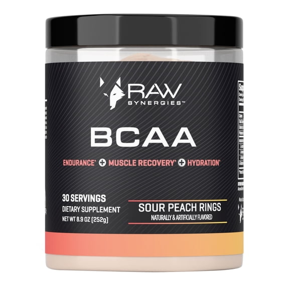 RAW Synergies BCAA Powder  Vegan 2:1:1 Amino Acids with L-Glutamine  Muscle Recovery, Endurance & Hydration Support  Sour Peach Rings, 30 Servings