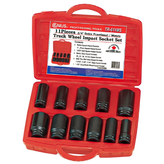 Genius Tools 11 Piece 3/4" Dr. Metric & SAE Truck Wheel Impact Socket Set (CR-Mo) - TR-611MS