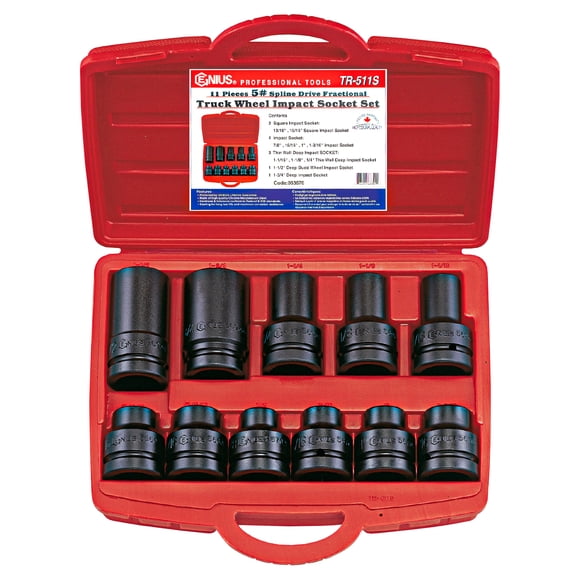 Genius Tools Impact Socket Set 11 Piece SAE #5 Spline Drive Heavy Duty CR-Mo Steel for Truck Wheels - TR-511S