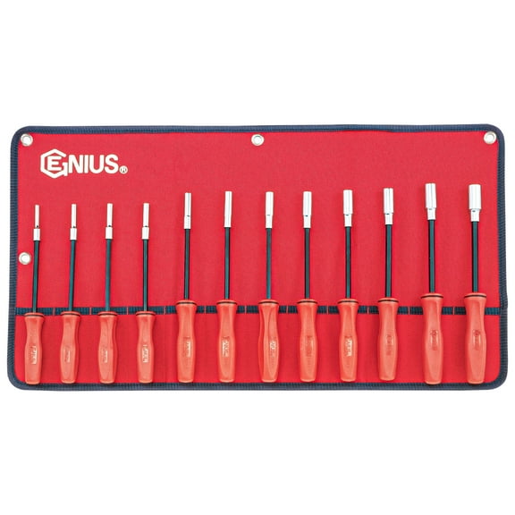 Genius Tools Metric Long Hex Nut Driver Set 12 Piece, 1/4 Inch Drive, Precision Hardened Steel, Professional Hand Tool Kit - ND-012MD