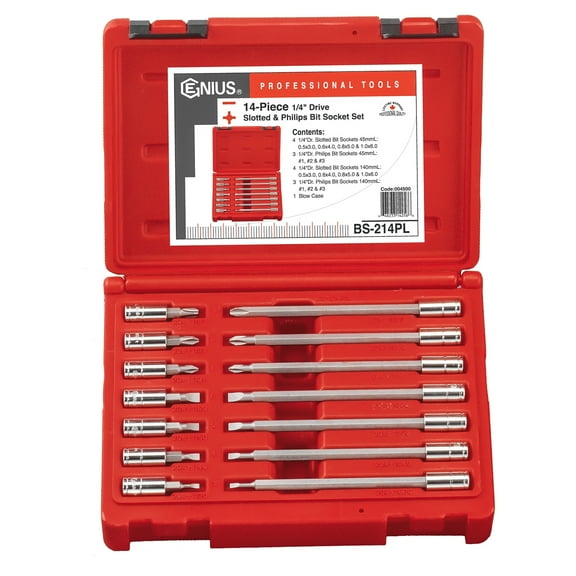 Genius Tools 14 Piece 1/4" Dr. Slotted & Phillips Bit Socket Set - BS-214PL