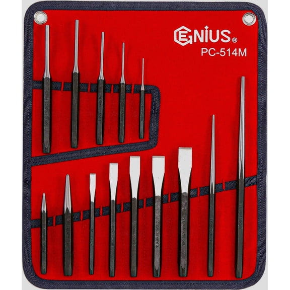Genius Tools Punch and Chisel Set 14 Piece Metric Hardened Steel Precision Hand Tools for Metalworking and Automotive - PC-514M