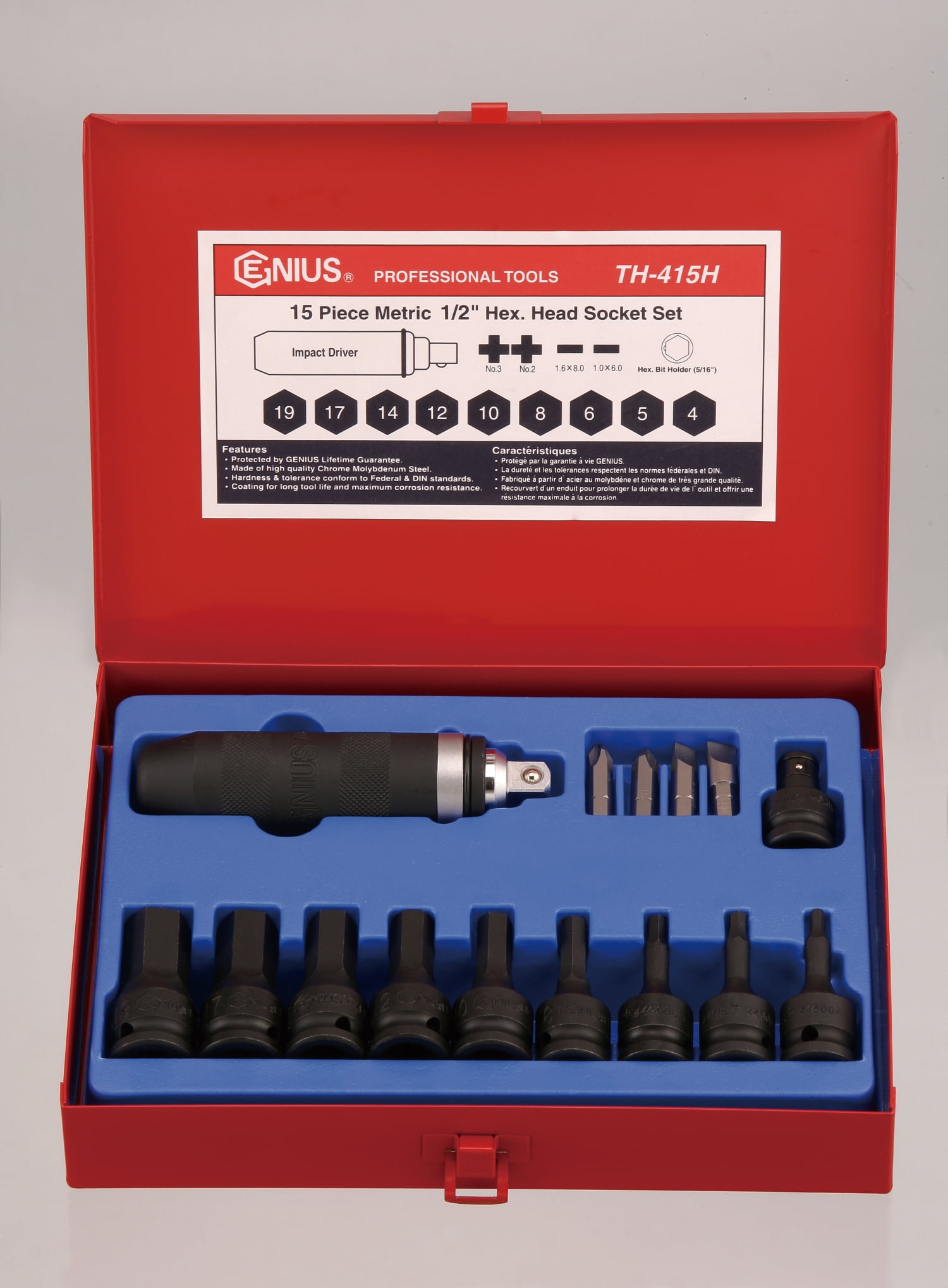 Genius Tools 15 Piece 1/2" Dr. Metric Hex Impact Bit Socket Set (CRMo