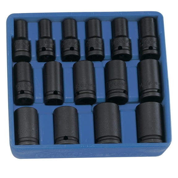 Genius Tools 15 Piece 1/2" Dr. Metric Semi-Deep Thin Wall Impact Socket Set (CR-Mo) - DI-415M