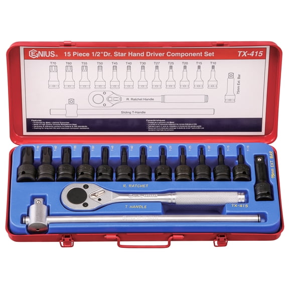 Genius Tools Star Impact Bit Socket Set 15 Piece 1/2 Inch Drive CR-Mo Steel Durable Professional Quality - TX-415