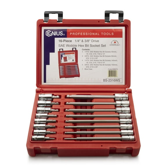 Genius Tools 16 Piece 1/4" & 3/8" Dr. SAE Wobble Hex Bit Socket Set - BS-2316WS