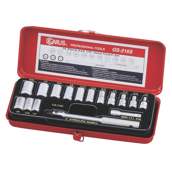 Genius Tools 16 Piece 1/4" Dr. SAE Hand Socket Set - GS-216S