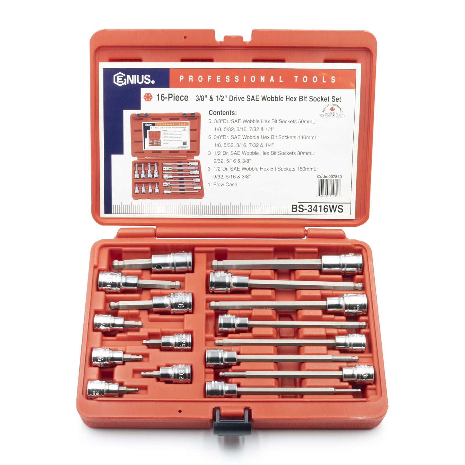 Genius Tools 16 Piece 3/8" & 1/2" Dr. SAE Wobble Hex Bit Socket Set ...