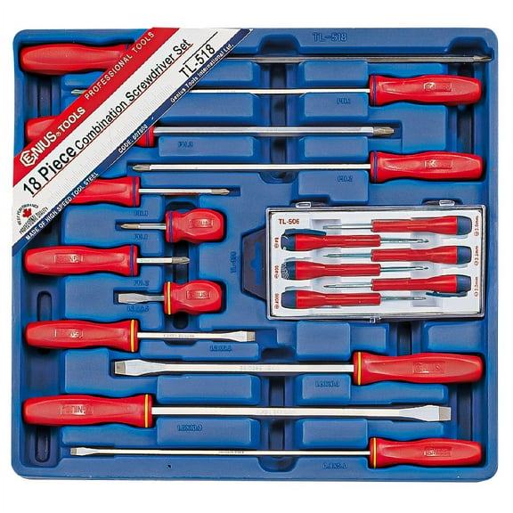 Genius Tools Screwdriver Set 18 Piece Slotted and Phillips Assorted Drive Sizes Ergonomic Anti-Slip Handles Durable Construction - TL-518