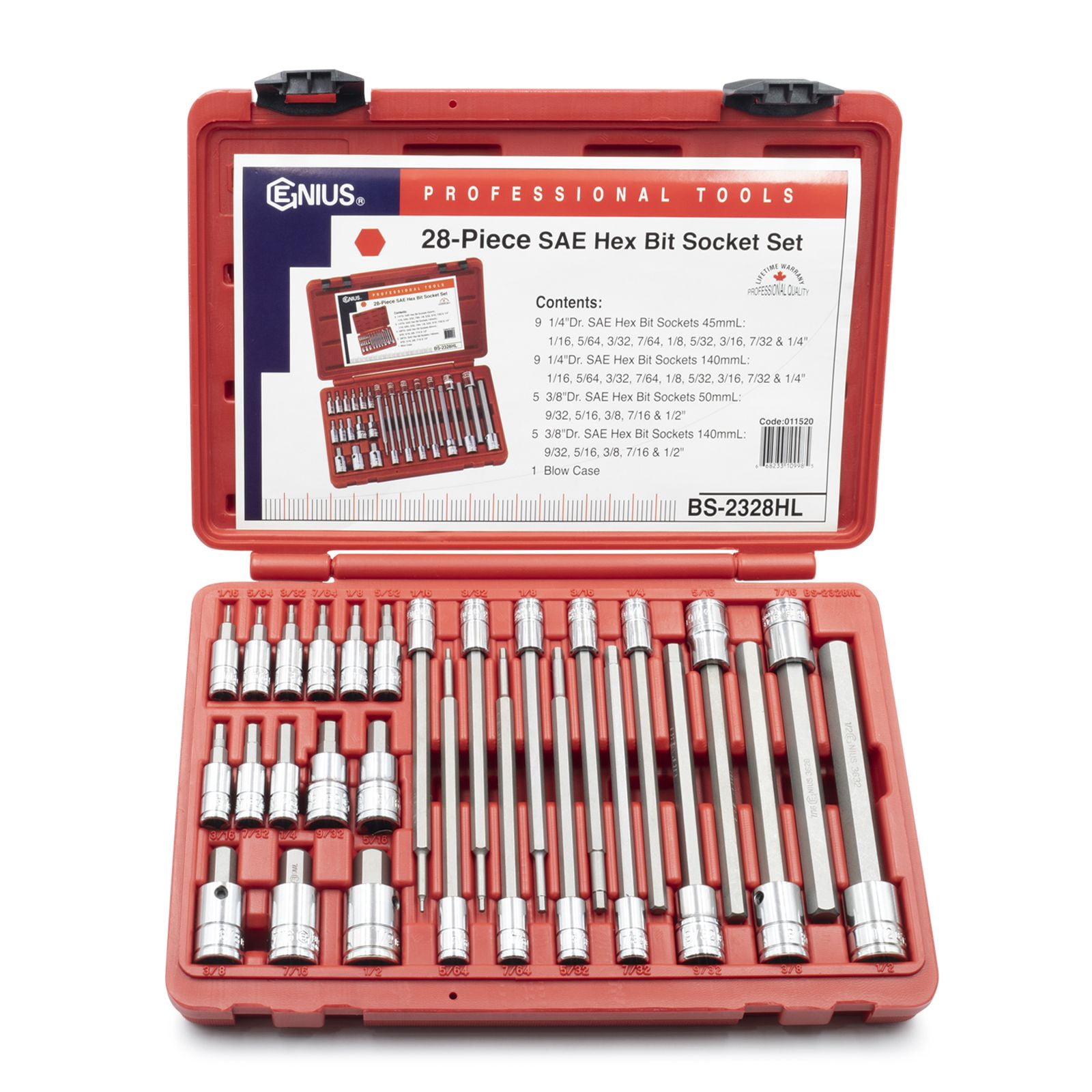 Genius Tools 28 Piece 1/4" & 3/8" Dr. SAE Hex Bit Socket Set - BS ...