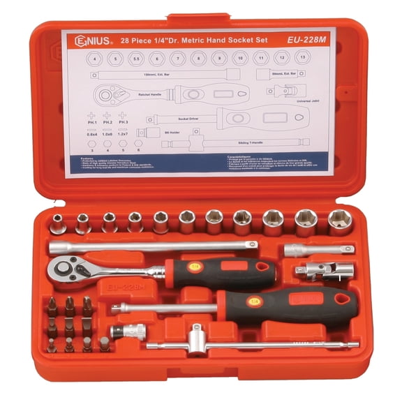 Genius Tools 28 Piece 1/4" Dr. Metric Hand Socket Set - EU-228M