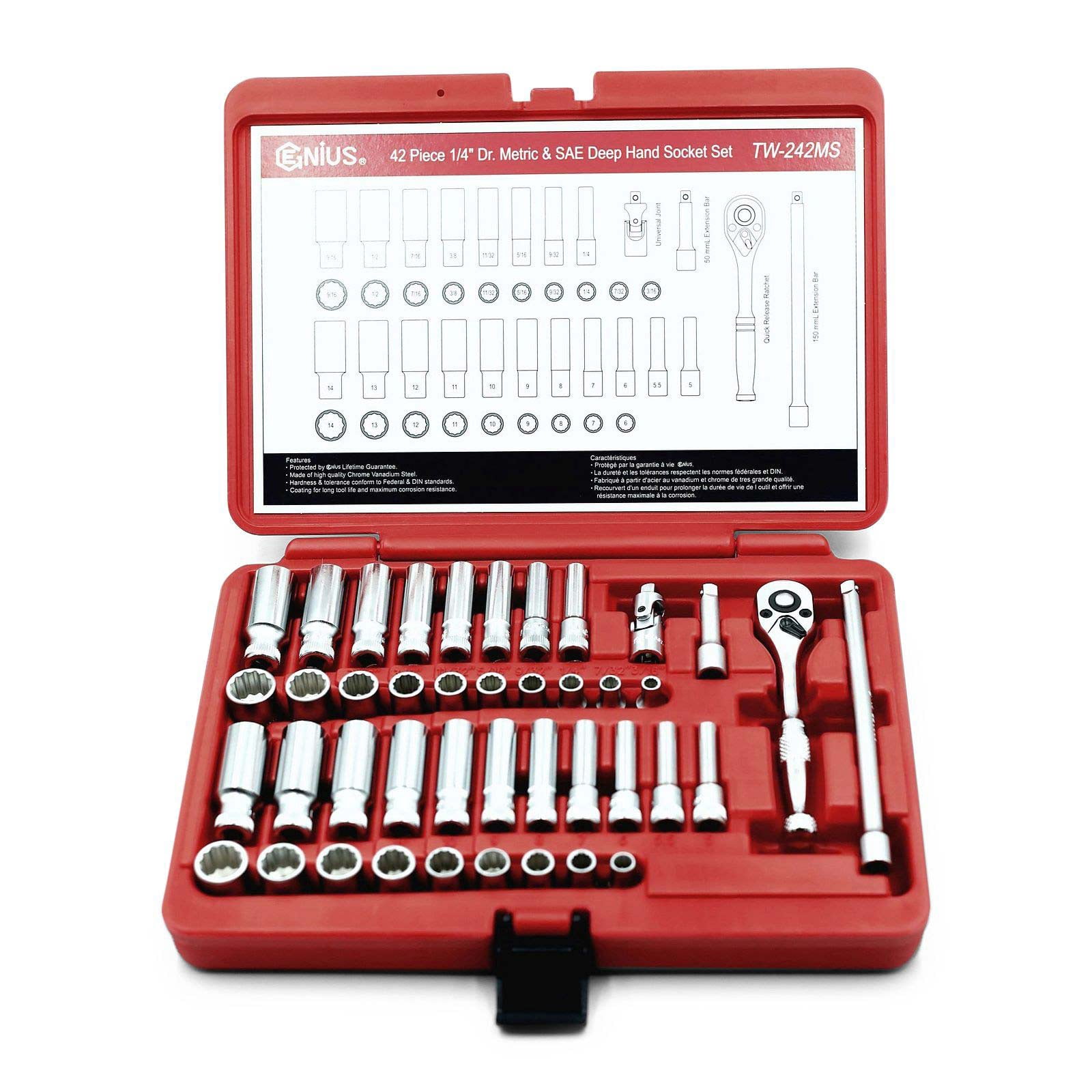 Genius Tools 42 Piece 1/4" Dr. Metric & SAE Deep Hand Socket Set (12 ...