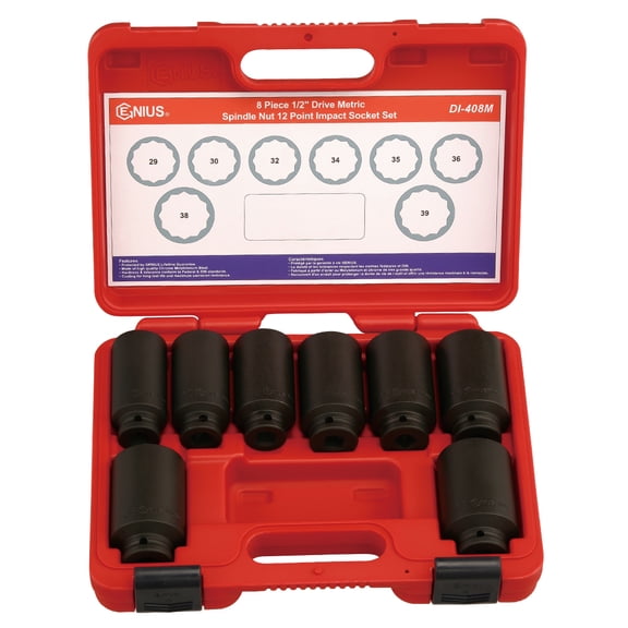 Genius Tools Spindle Nut Impact Socket Set 8 Piece Metric 1/2 Inch Drive 12-Point CR-Mo Durable Construction - DI-408M