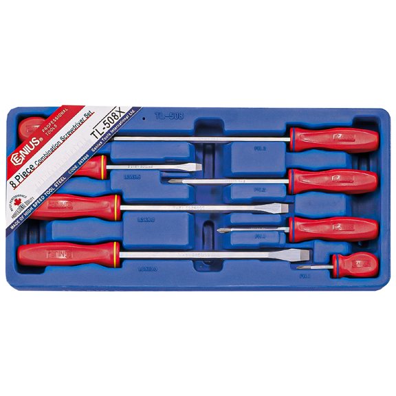 Genius Tools Screwdriver Set 8 Piece Slotted and Phillips Assorted Sizes Ergonomic Anti-Slip Handles Durable Chrome Vanadium Steel - TL-508X