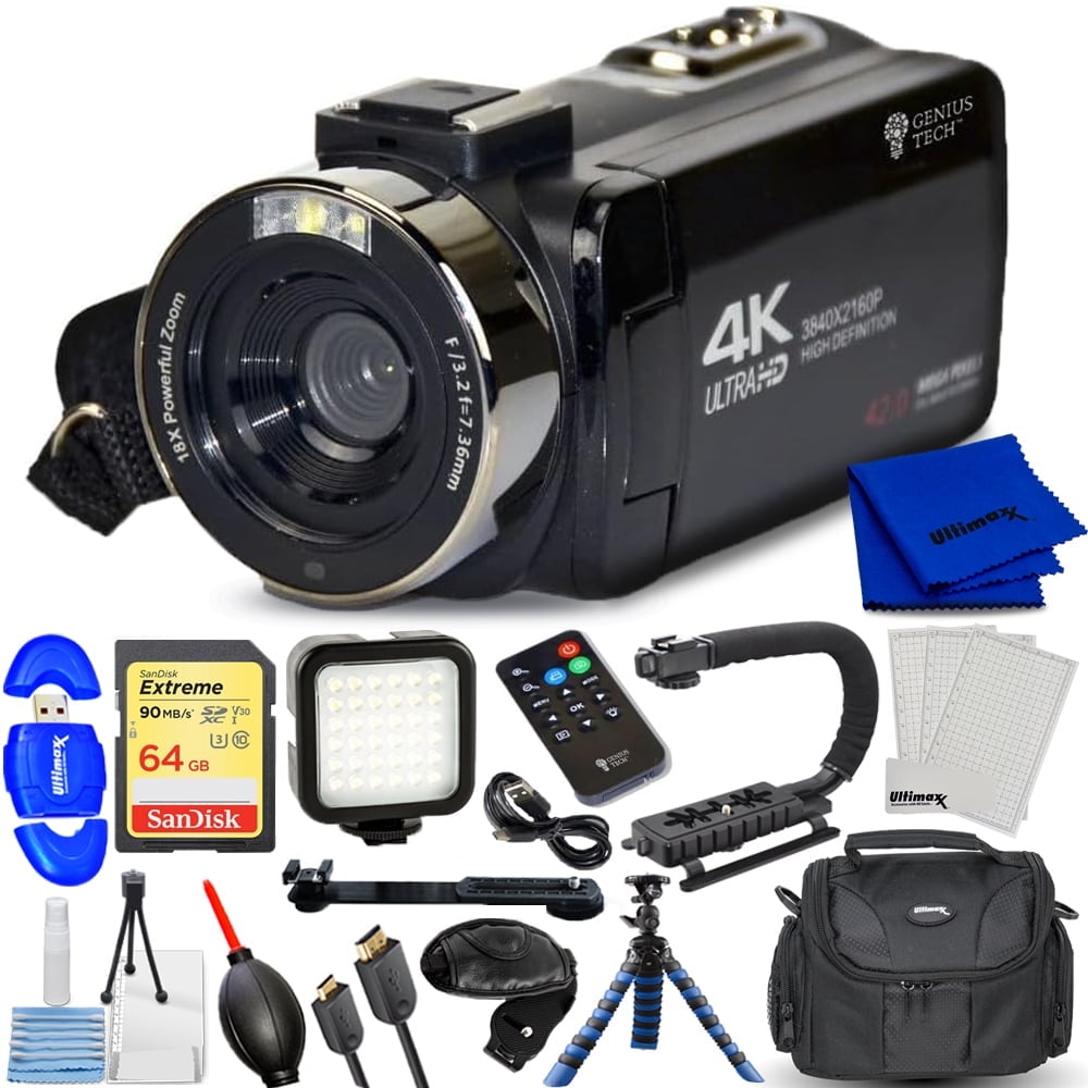 GeniusTech Digital Video Camera 42MP with 64GB SD Card, Remote, Case & Cable Kit – Black