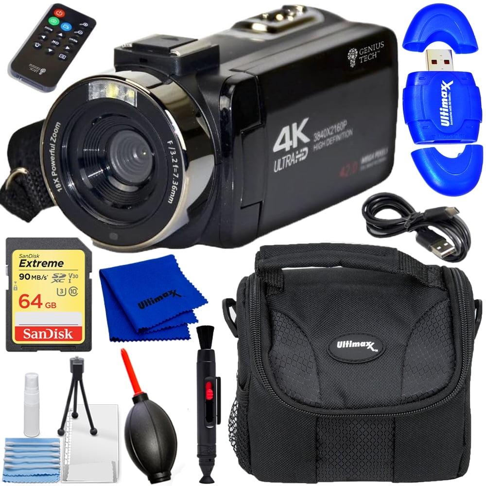 GeniusTech Digital Video Camera 42MP with 64GB SD Card, Remote, Case & USB Cable – Black