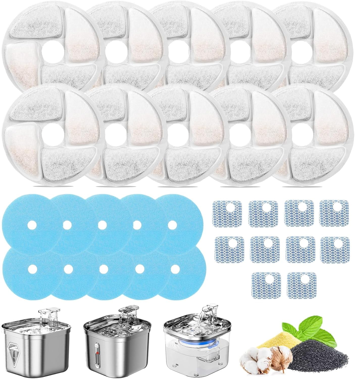 Genligt 10 Pack Activated Carbon Sponges Foam Filters, for Square 2.2L/73oz Stainless Steel Cat Water Fountain Filters, Automatic Pet Fountain Filter Replacement