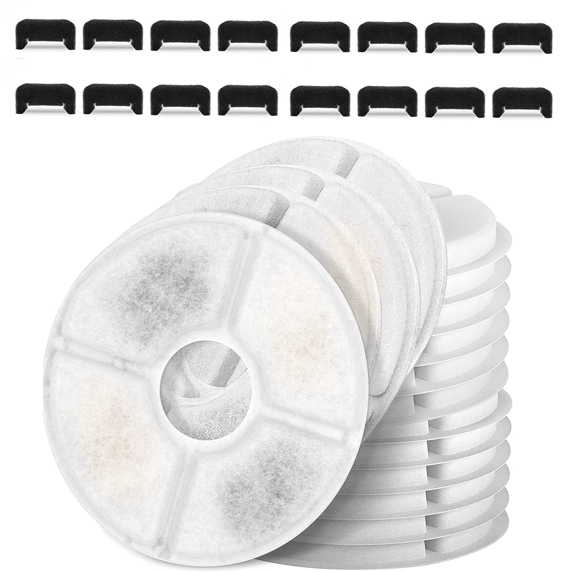 Genligt 16 Pack Activated Carbon Filters 16 Pack Sponges Foam, for Round 81OZ/2.4L Cat Water Fountain Filters, Automatic Pet Fountain Filter Replacement