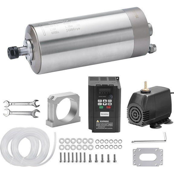 Genmitsu CNC Spindle Motor Kit, 1.5KW, 110V Water Cooled Spindle Motor, with VFD & Water Pump, 80mm Diameter Aluminum Clamp Mount, ER11 Collet, 0.003mm Accuracy for CNC Router Machine Metal Carving