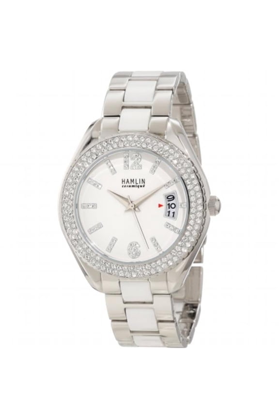Gennco HACL0416-002 Hamlin Ladies Stainless Steel Austrian Crystals Watch - White Ceramic with Crystal Indices