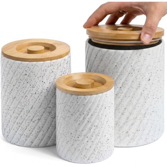 Gennua Kitchen Ceramic Canister Set for Kitchen Countertop & Pantry  3 Airtight Food Storage Containers for Flour, Sugar & More  Durable White Ceramic with Bamboo Lids