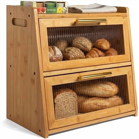 Gennua Kitchen Extra Large Bamboo Bread Box for Kitchen Countertop, 2 Tier Wooden Breadbox with Frosted Acrylic Panels, Holds Multiple Loaves