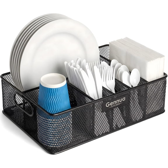 Gennua Kitchen Paper Plate Organizer, Metal Mesh Countertop Utensil Caddy with 6 Compartments for Disposable Plates, Cups, Napkins and Cutlery, Black