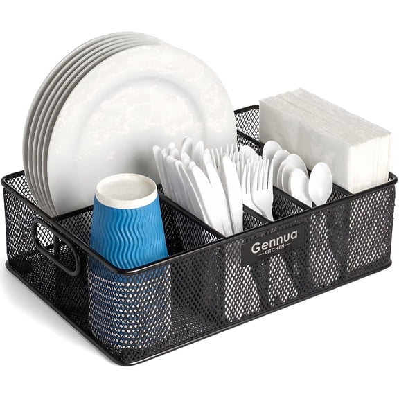 Gennua Kitchen 6-Compartment Metal Paper Plate Organizer, Mesh Utensil Caddy for Plates, Napkins, Forks and Spoons