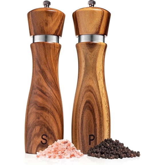 Gennua Kitchen 8-inch Acacia Wood Salt and Pepper Grinder Set, Refillable Manual Spice Mills, Adjustable Coarse to Fine Grind, 2-Pack