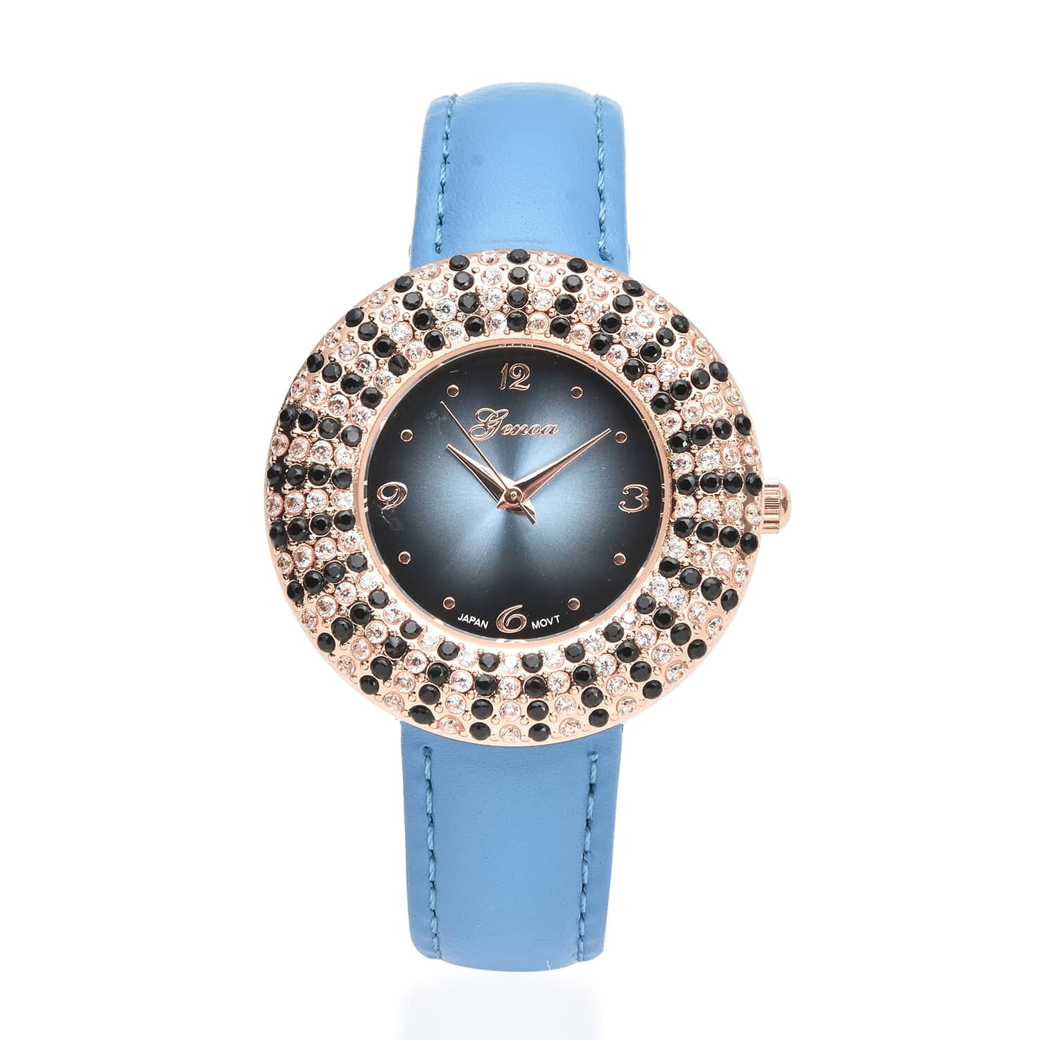 Genoa Black Spinel Cubic Zirconia Miyota Japanese Movement Halo Watch in  Rosetone with Blue Leather Strap Ct. 4 Birthday Gifts