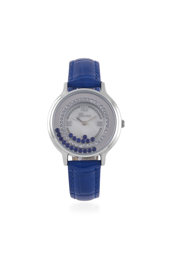 Genoa Blue White Cubic Zirconia CZ Miyota Japanese Movement Watch with Blue Genuine Leather Strap Ct 0.24 Birthday Christmas Gifts