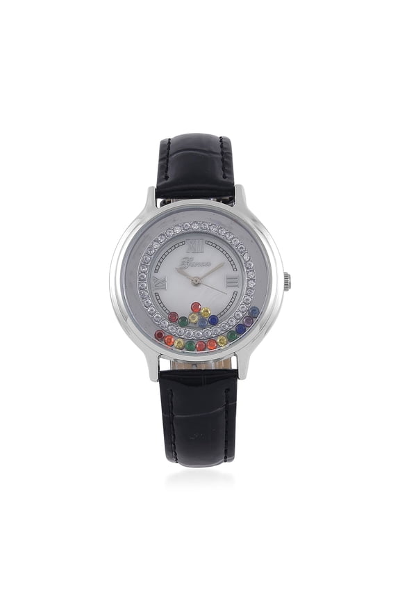 Genoa Multi Color Cubic Zirconia CZ Miyota Japanese Movement Watch with Black Genuine Leather Strap Ct 0.25 Birthday Christmas Gifts