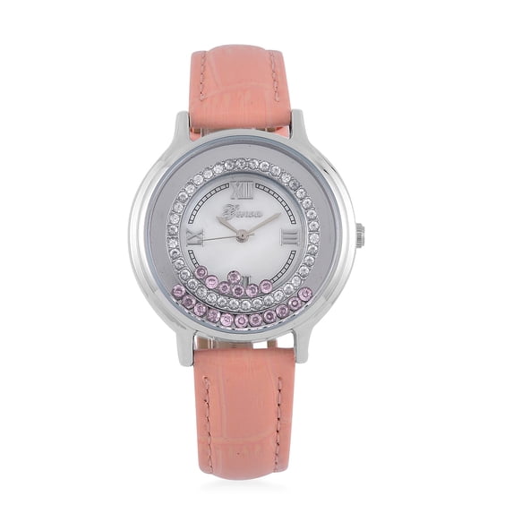 Genoa Pink White Cubic Zirconia CZ Miyota Japanese Movement Watch with Pink Genuine Leather Strap Ct 0.24 Birthday Christmas Gifts