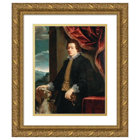 Genoese School 15x17 Gold Ornate Wood Frame and Double Matted Museum Art Print Titled - Portrait of a Gentleman with His Dog (circa 1630)