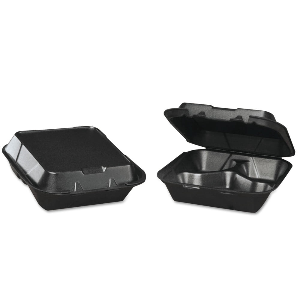 Genpak SN203-3L 3-Compartment Black Foam Takeout Container - 9.25" X 9.25" X 3", Hinged Lid, 200 Per Case