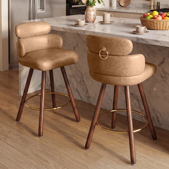 Genpo Bar Stools Set of 2, 26 inch Counter Height Bar Stools, Swivel Barstools with Backs, Footrest, Wooden Legs for Kitchen Island, Camel Brown Leather