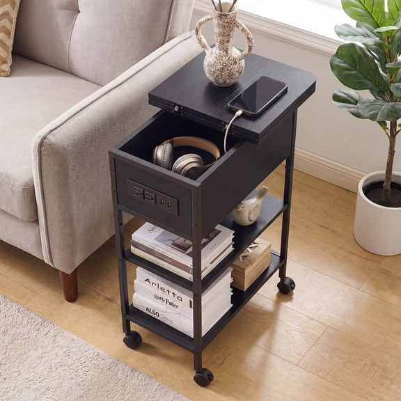 Genpo End Table with Charging Station, Rolling Flip Top Side Table with USB Ports and Outlets, Swivel Nightstand for Small Spaces with Storage Shelf for Living Room, Bedroom, Black