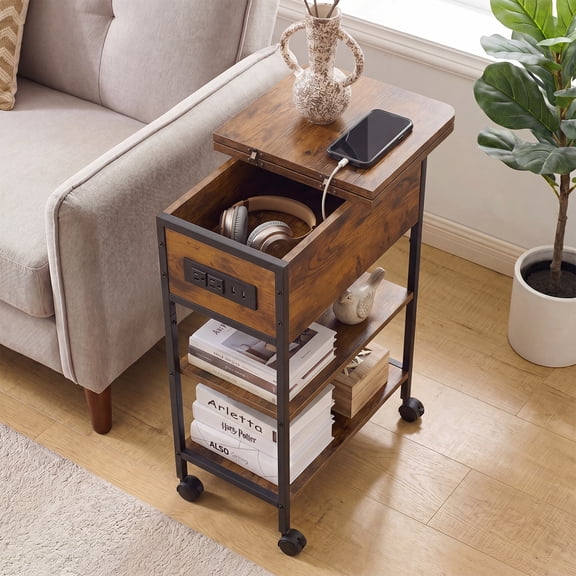 Genpo End Table with Charging Station, Rolling Flip Top Side Table with USB Ports and Outlets, Swivel Nightstand for Small Spaces with Storage Shelf for Living Room, Bedroom, Brown